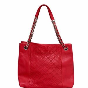 Tory Burch Red Quilted Leather Chain-Handle Tote Bag